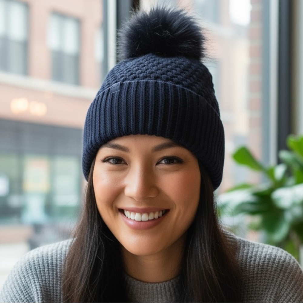 Lululemon Navy Blue Merino Wool Blend Knit Beanie Hat Faux Fur Pom OS